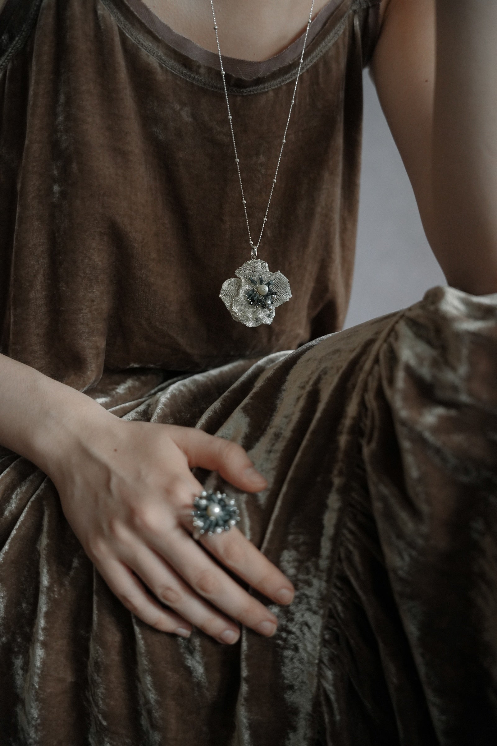 Lush Floral Silver Mesh Necklace