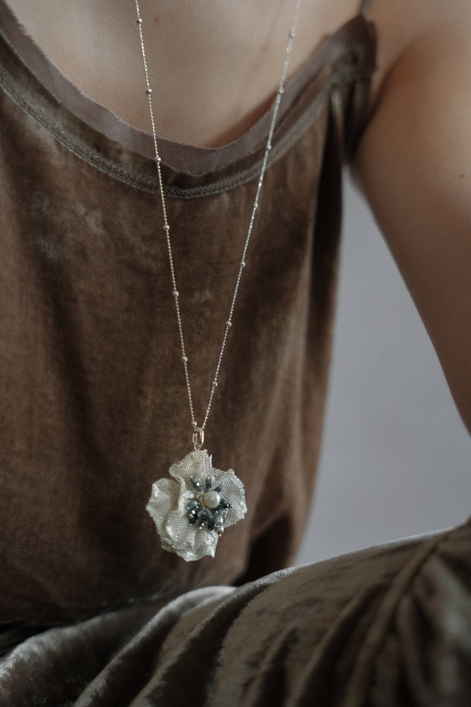 Lush Floral Silver Mesh Necklace